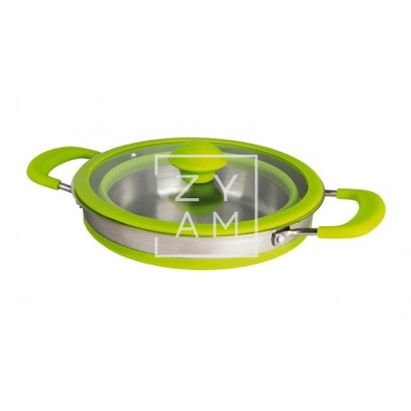 Caldero de silicona plegable color lima con tapa de vidrio, ideal para camping.