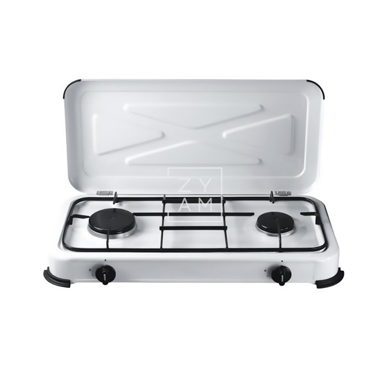 Cocina portátil de 2 fuegos con tapa esmaltada blanca, dimensiones 60x32x10 cm, ideal para caravanas y camping