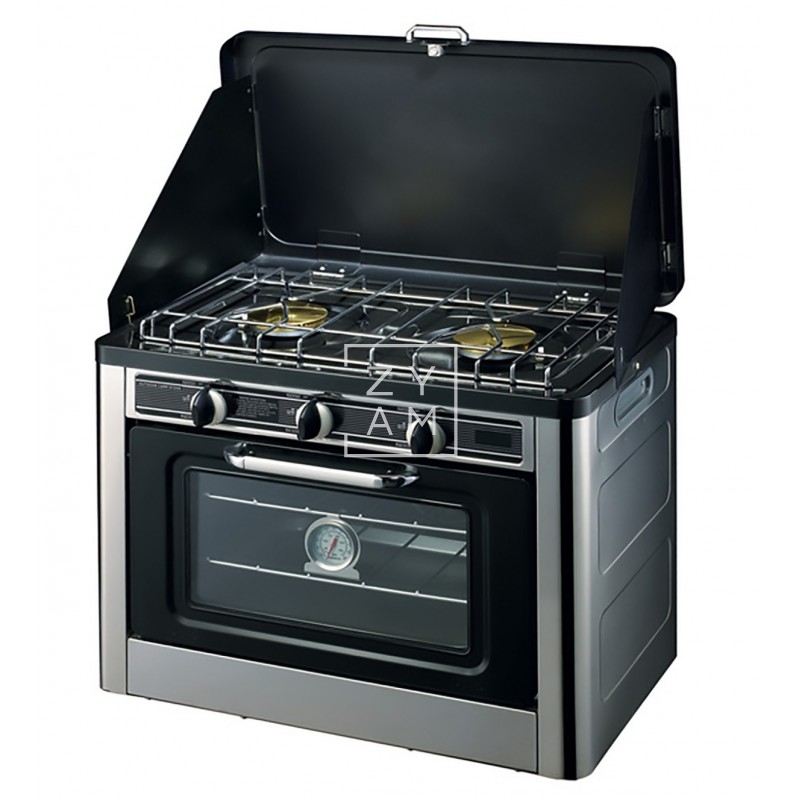 Horno y cocina portátil de 25 litros con encendido automático y paravientos.