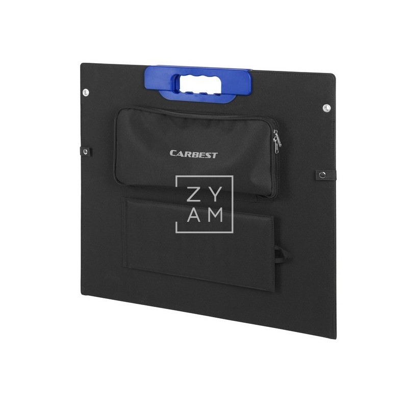 Panel solar plegable de 100W con puertos USB, ideal para camping y caravanas.