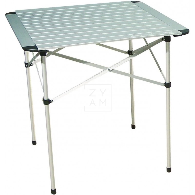 Mesa plegable de aluminio para 2 personas, compacta y ligera, ideal para campers y actividades al aire libre.