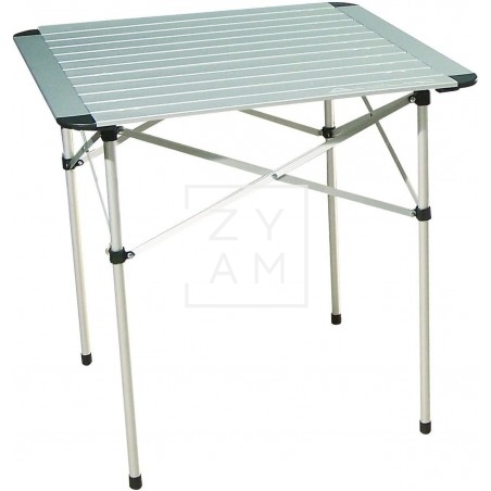 Mesa plegable de aluminio para 2 personas, compacta y ligera, ideal para campers y actividades al aire libre.