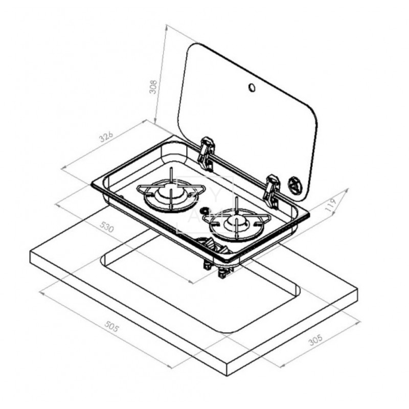 Cocina 2 Fuegos Carbest con Tapa de Vidrio para Camper 530x326 mm